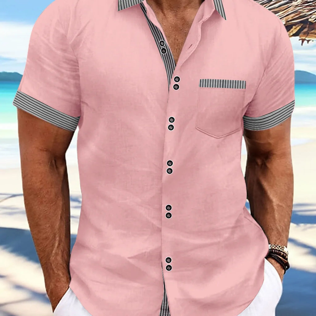 Slim fit striped short sleeve casual shirt in pure cotton fabric showing double button front