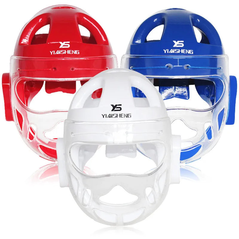 Karate helmet protective equipment in white, blue and red colours with multiple size options