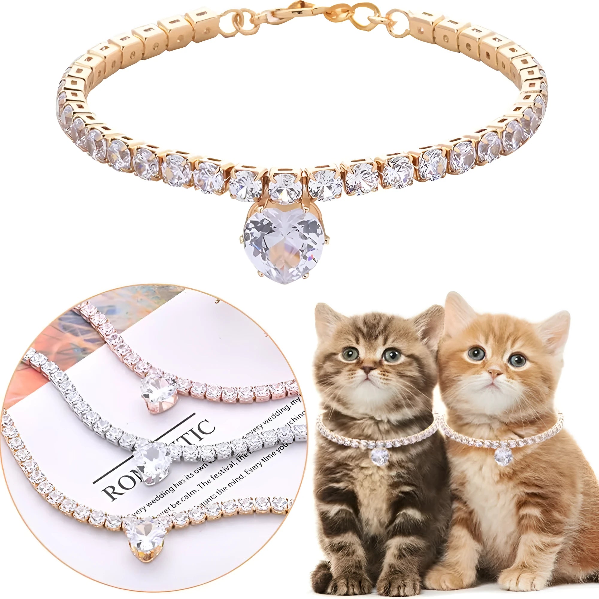 Gold rhinestone heart-shaped dog collar on a white background showing the shiny bling design.