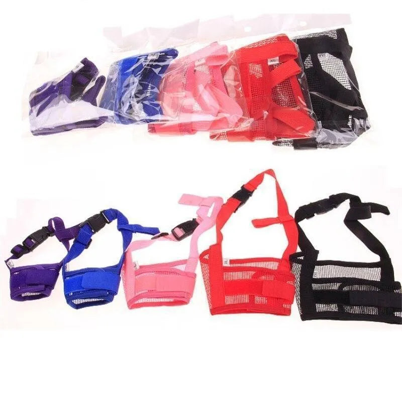 Adjustable plastic dog muzzle in multiple colours and sizes for biting and barking control.