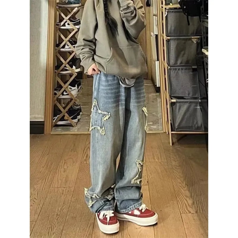 Blue high waist wide-leg women's jeans with straight-leg cut on cotton denim fabric