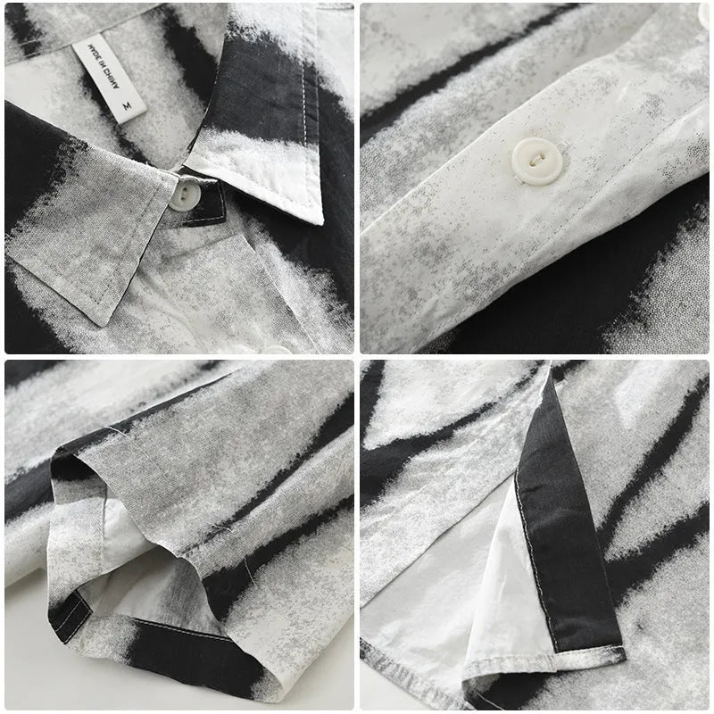 Men's black and brown retro striped short sleeve shirt cardigan in pure cotton with loose fit