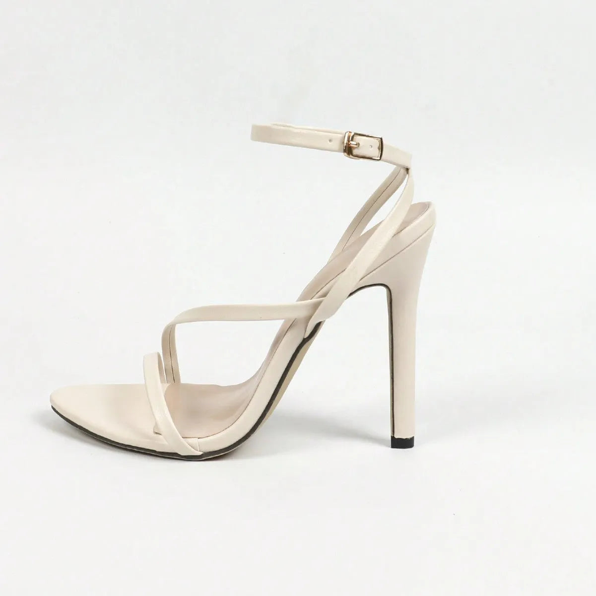 Women's beige high heels with round toe, open toe design and multi-stripe cross ankle strap on rubber sole