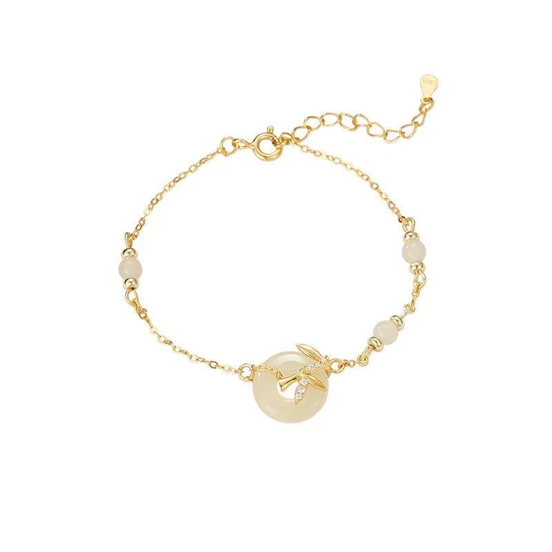 Women's Hetian Jade bracelet with safety buckle closure in antique style 925 silver