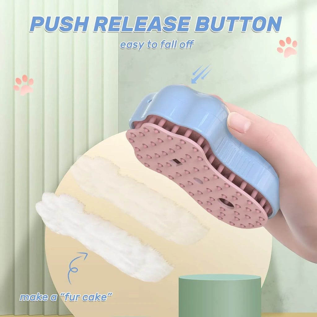 Self-cleaning cat steam brush with silicone bristles and rechargeable spray in blue colour