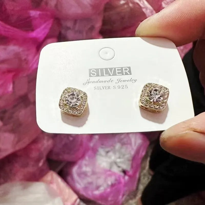 Square geometric earrings with diamond detailing in gold or silver alloy for women