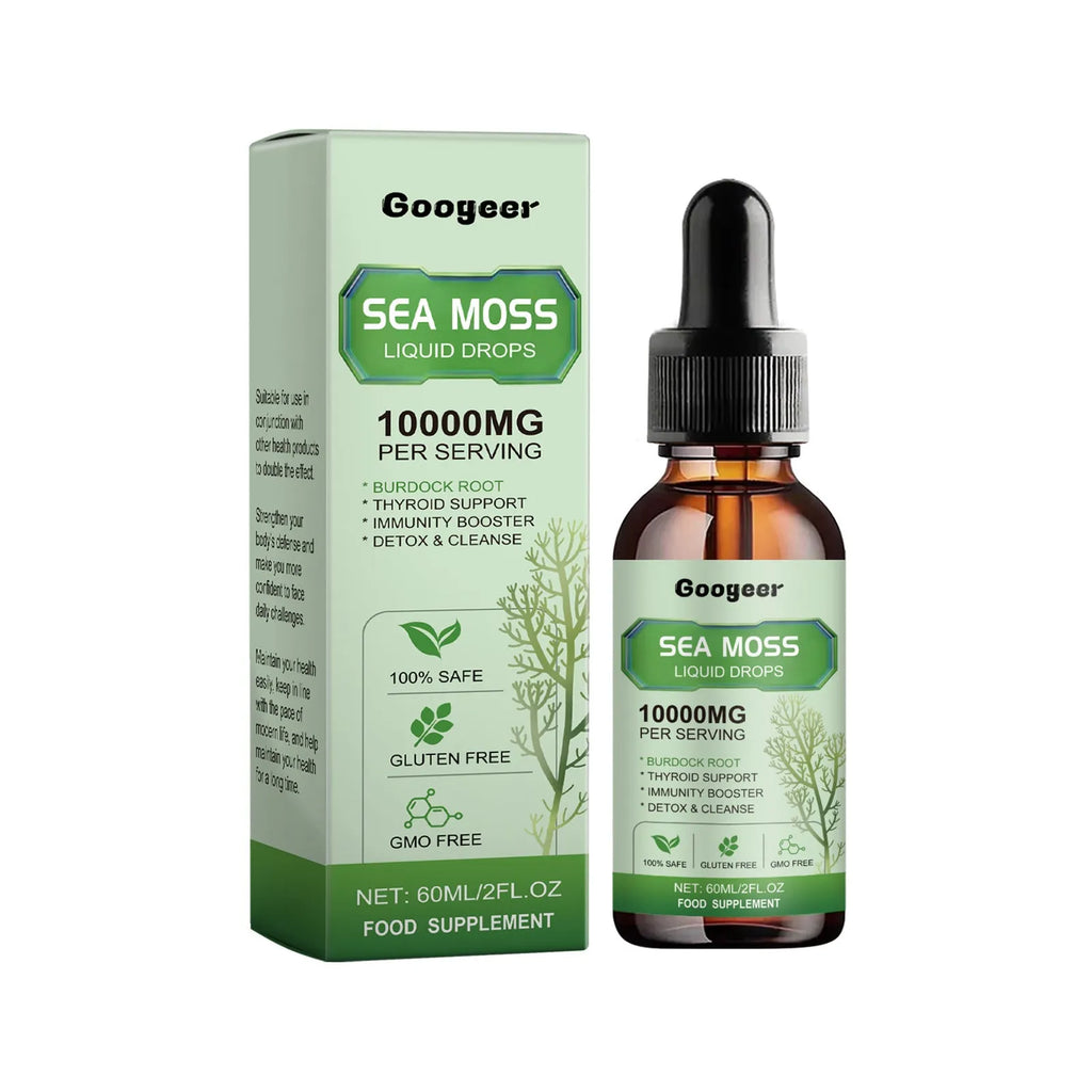 Googeer sea moss liquid drops body treatment 60ml bottle measuring 3.3cm by 3.3cm by 12cm