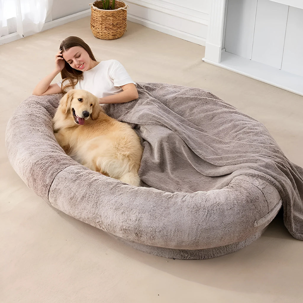 Large short plush dog bed cloth pet nest in khaki, dark grey, and light grey sizes up to 185x120x30CM