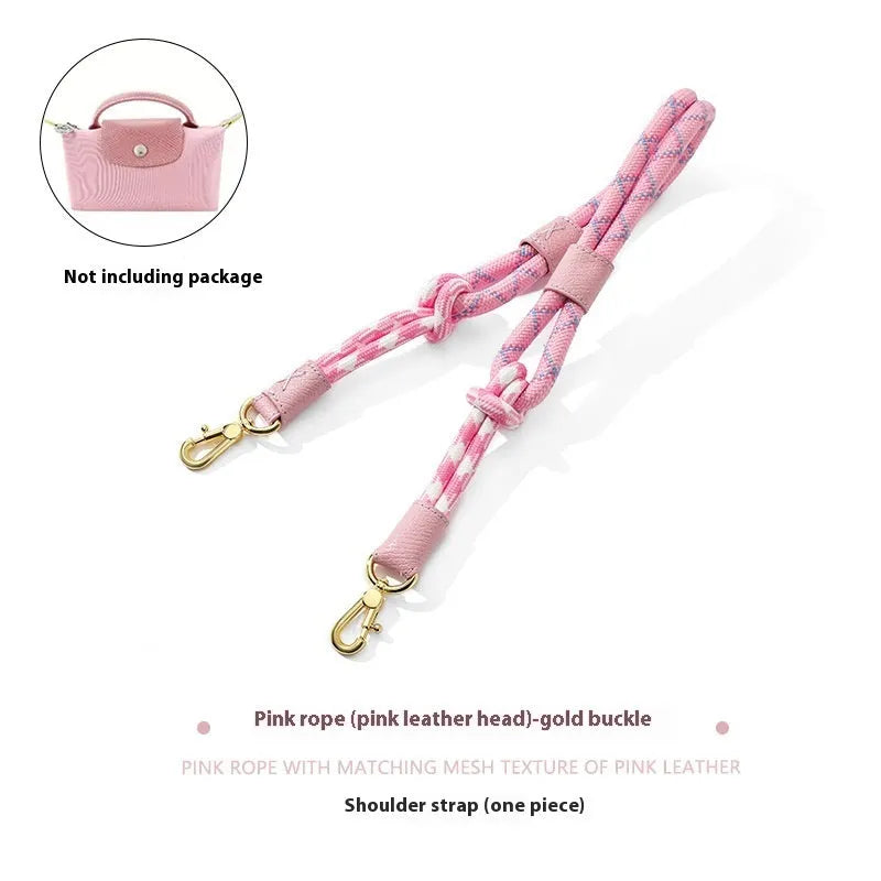 Braided nylon and cowhide leather shoulder strap with alloy buckle in gold or silver finish