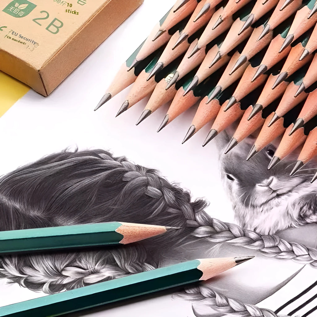 Box of 10 green hexagonal wooden pencils with HB and 2B graphite grades for writing and sketching