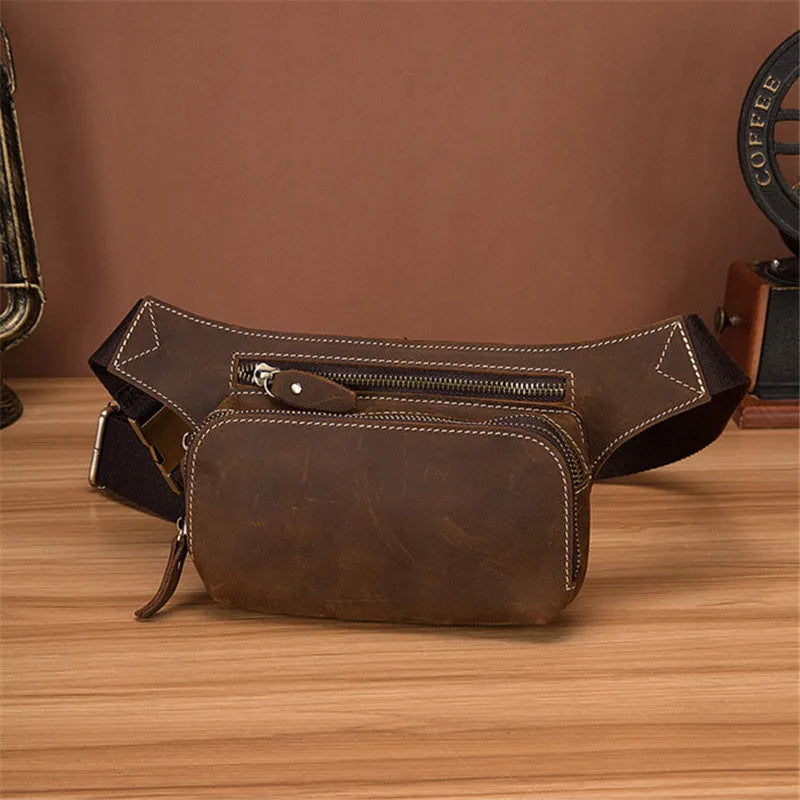 Brown cowhide leather men's waist bag with adjustable strap and zip closure