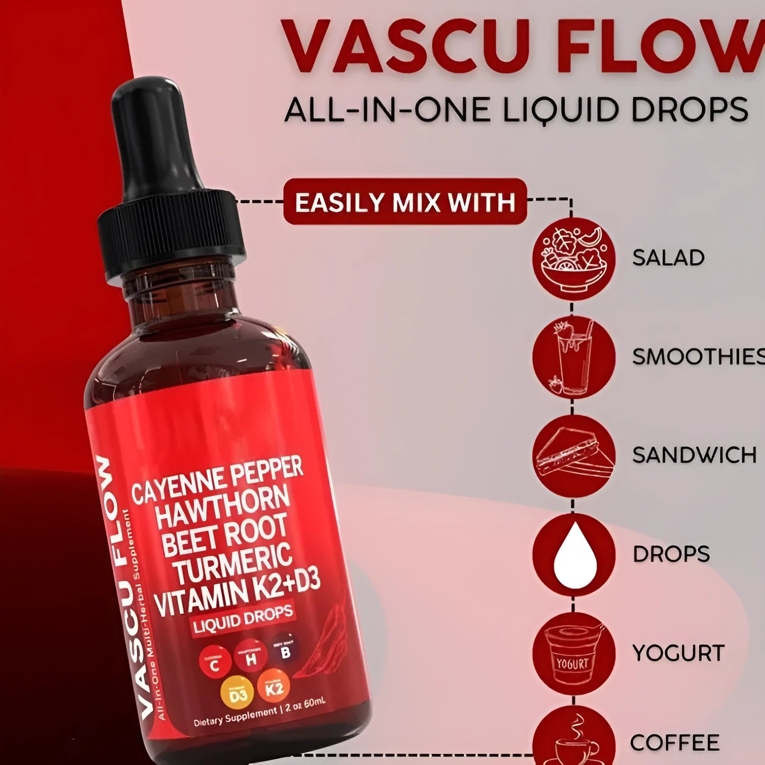 60ml bottle of Vitamin D3 and K2 liquid supplement drops with hawthorn fruit extract and a dropper.