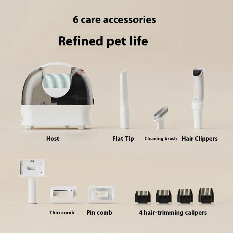 Pink and white pet hair vacuum cleaner with electric shaver attachment and grooming accessories on white background