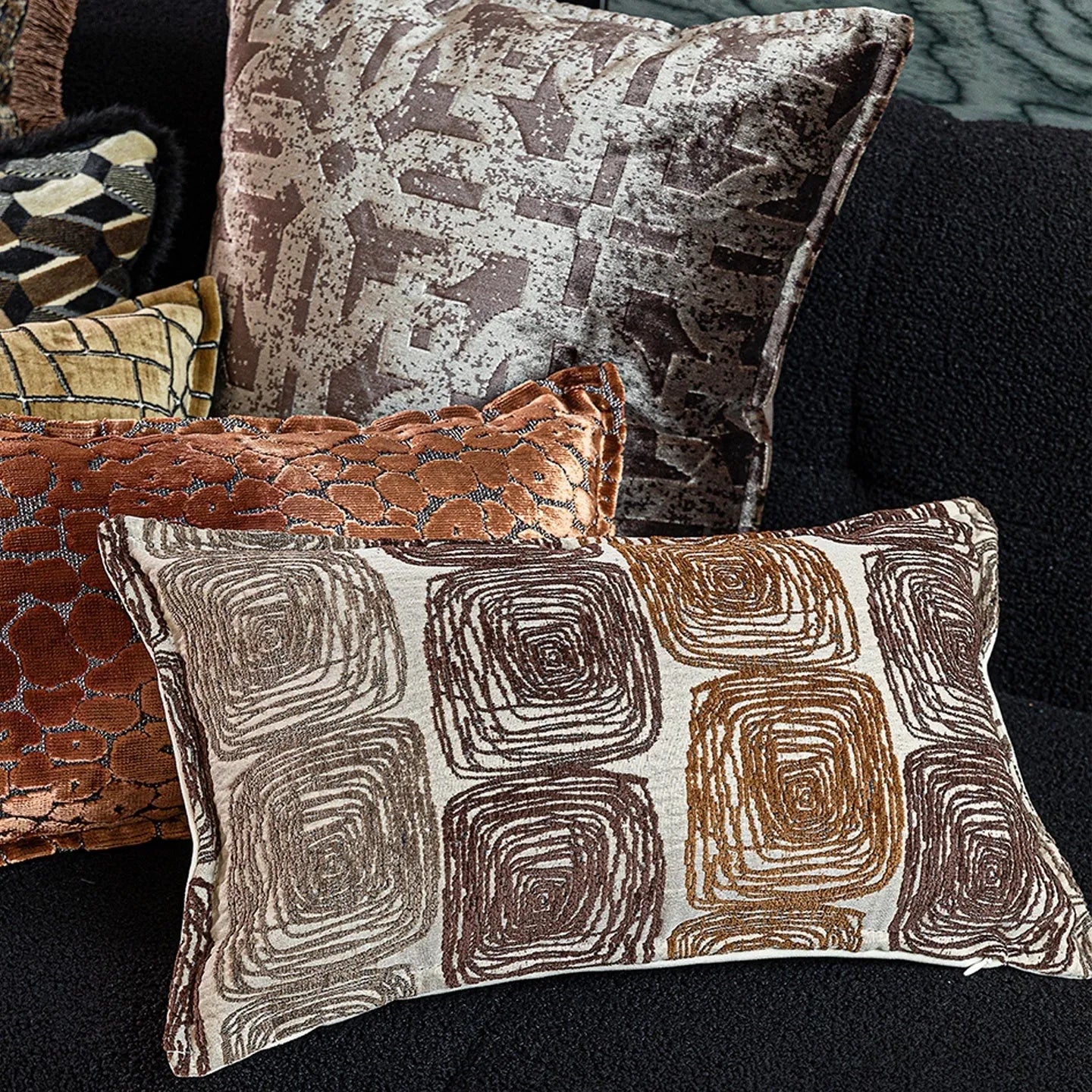 Cream and coffee coloured abstract coil pattern cushion cover in square and rectangular sizes