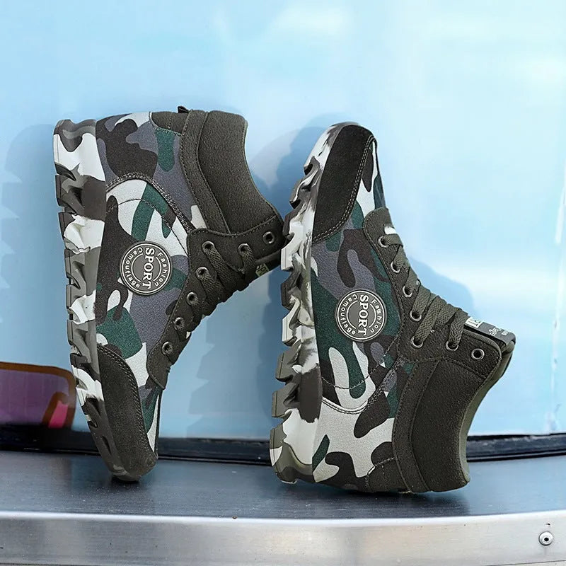 Women's green camouflage print canvas sneakers with a white rubber sole on a plain background.
