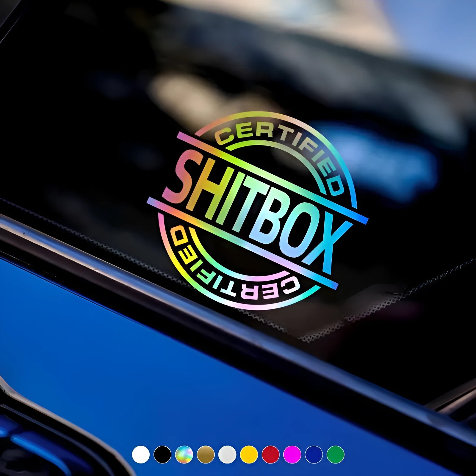 13x12cm vinyl car sticker showing colour options including metallic and glitter finishes