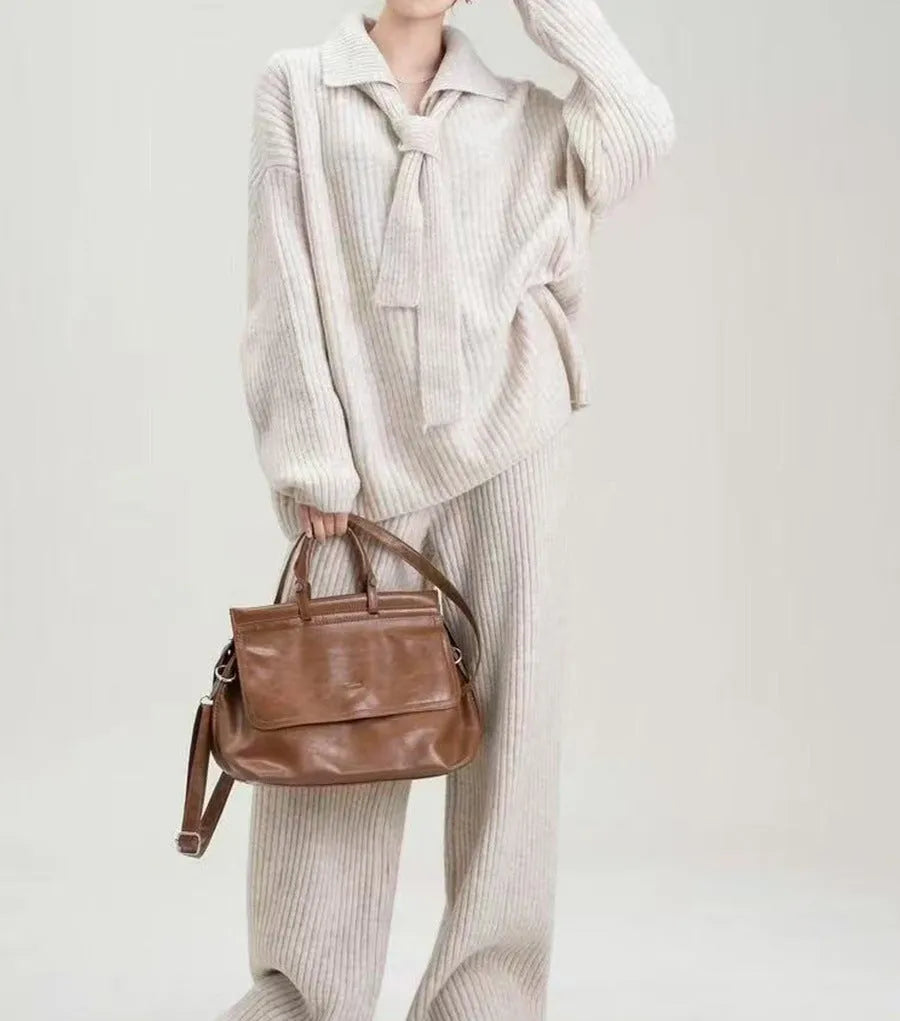 Sweater suit two-piece set with long-sleeve top and trousers in acrylic imitation cashmere fabric