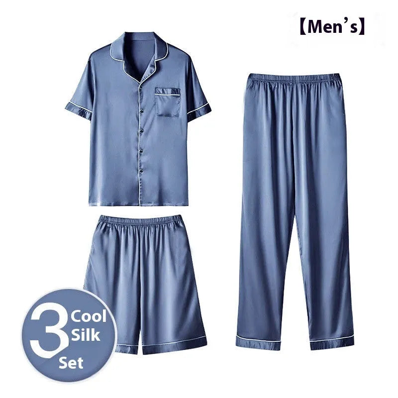 Men's ice silk three-piece home wear set showing top, shorts and trousers in multiple colour options