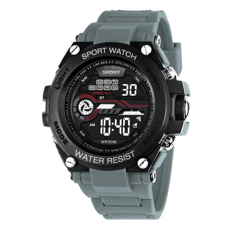 Digital electronic watch with LED display in multiple colour options