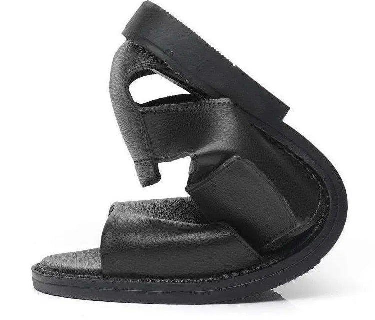 Men's black leather Roman sandals with open-toe design and rubber sole