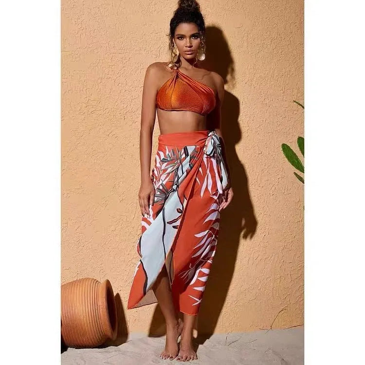 Women's high-waisted push-up bikini with chiffon split skirt in black, brown or green