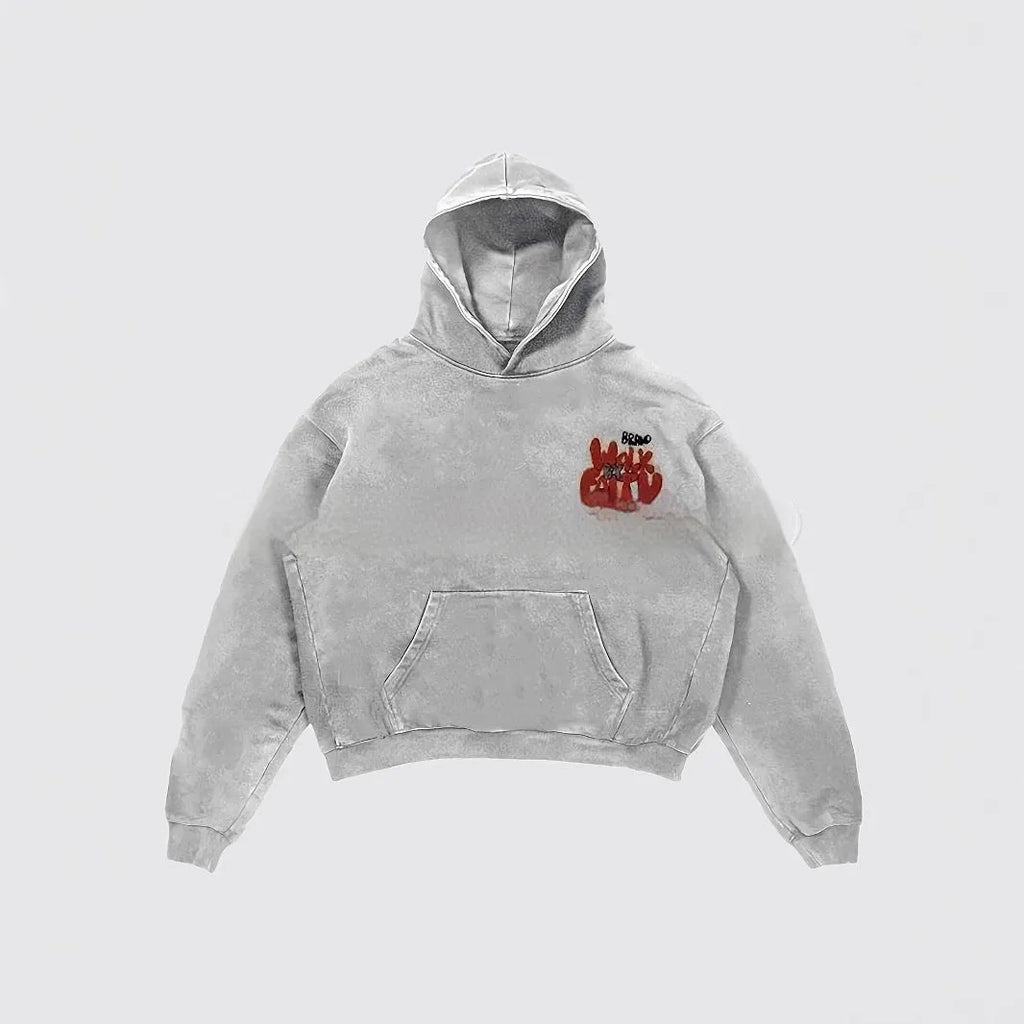 Granny Grey women's hoodie with vintage letter print, front pocket, and long sleeves