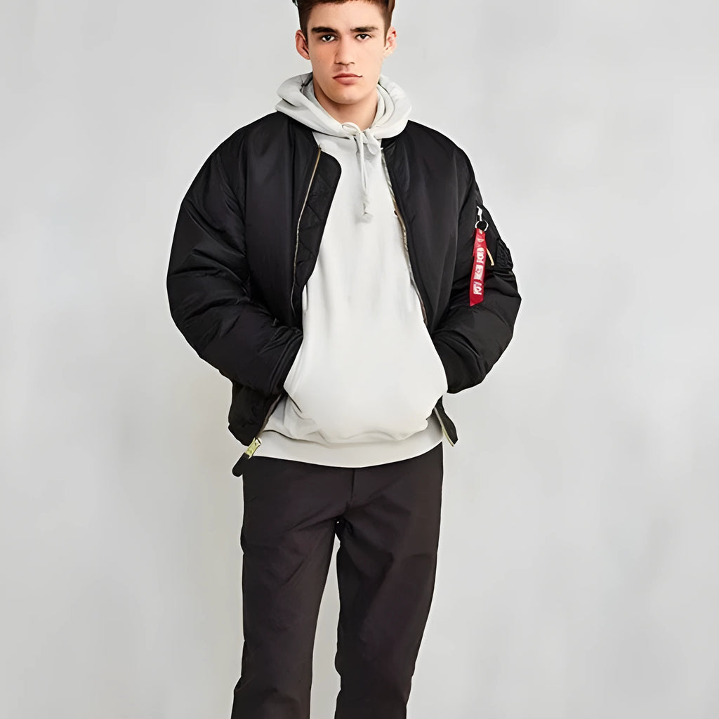 Men's reversible pilot-style cotton padded jacket in Army Green, showing loose fit and double-sided design