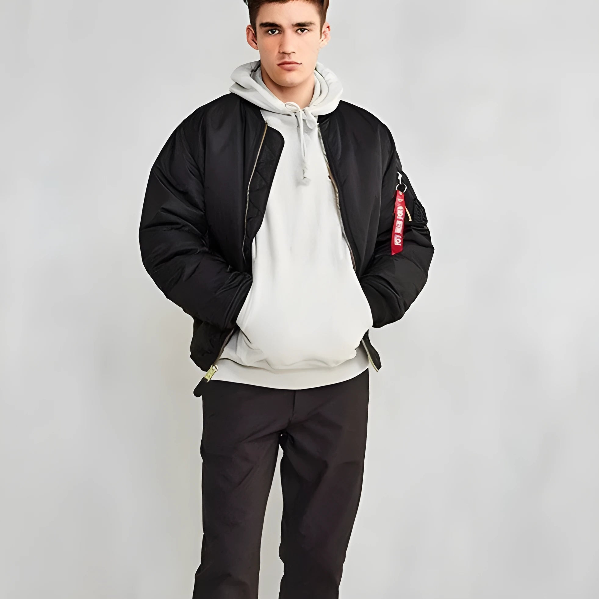 Men's reversible pilot-style cotton padded jacket in Army Green, showing loose fit and double-sided design