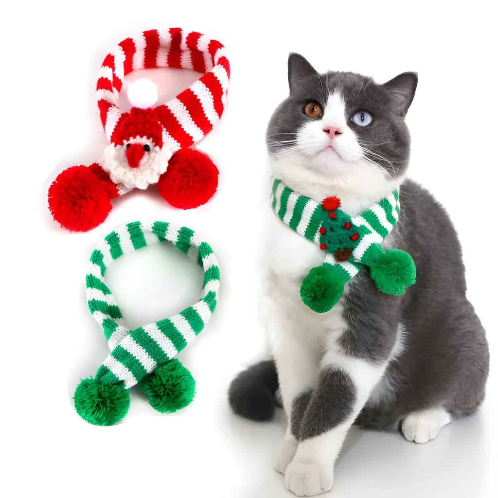 Knitted wool pet Christmas scarf with red and green stripes, S size 40cm length