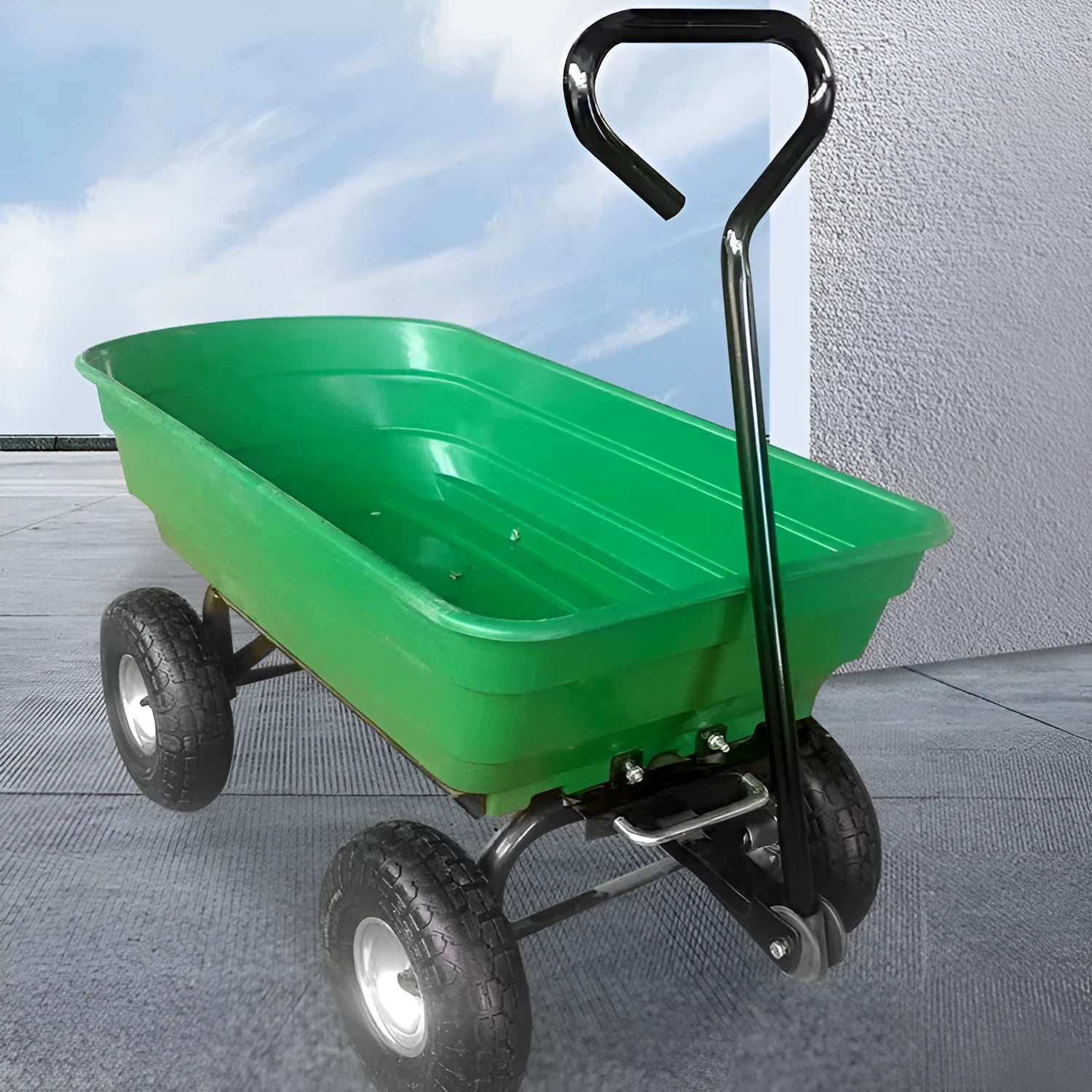 Green four-wheel plastic dump truck with steel frame and 940mm length body