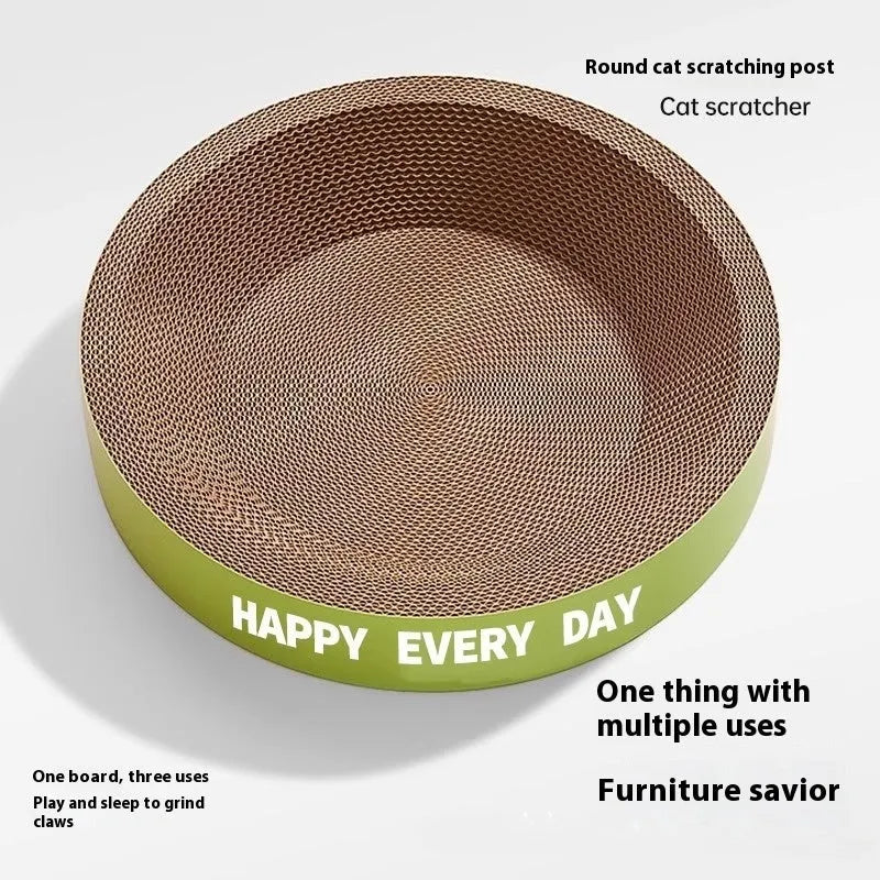 Green round cat scratching board nest showing integrated scratching surface