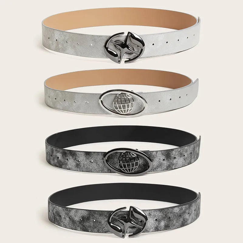 Retro women's belt with oval alloy buckle on thick grey white PU leather strap