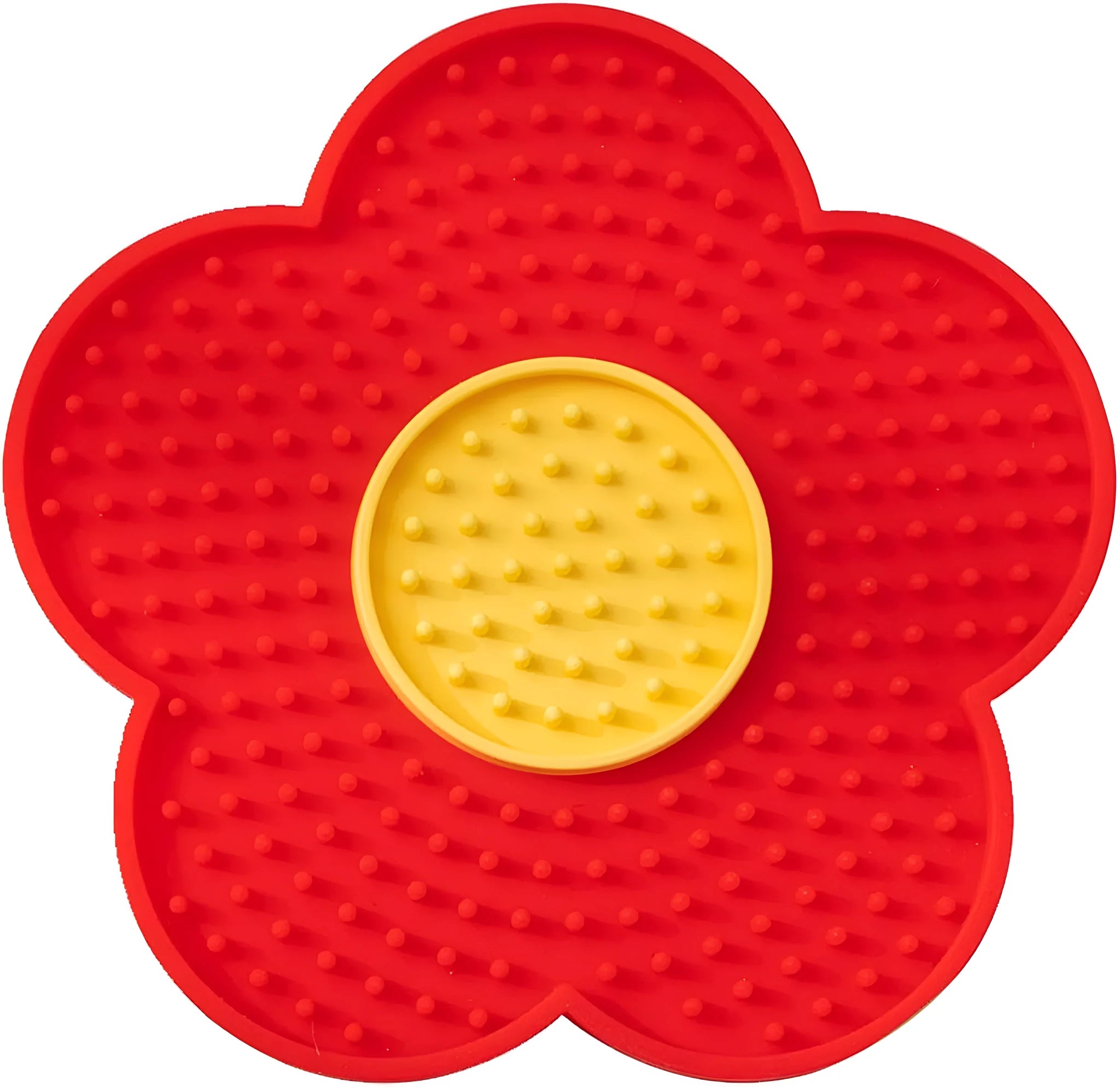 Flower-shaped silicone pet lick mat with suction cups in blue, grey, pink, purple, or red