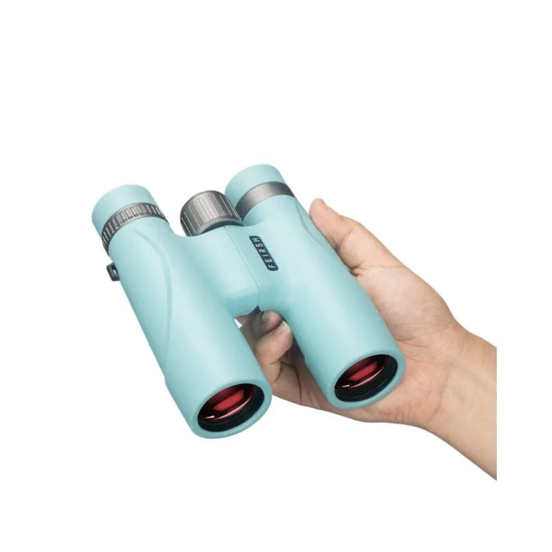 Blue or grey coloured 10x32 plastic binoculars with 32mm objective lenses.
