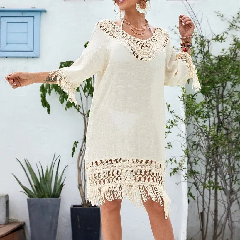 Apricot crocheted patchwork beach dress with mid-length skirt and half sleeves
