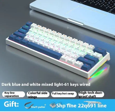 61-key compact mechanical keyboard with blue-white tea switches and wired connection