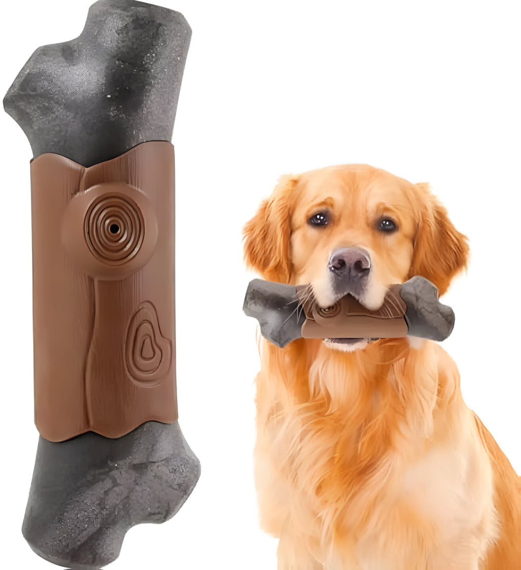 Branch-shaped nylon dog chew toy for large aggressive chewers with squeaker and bacon flavour.