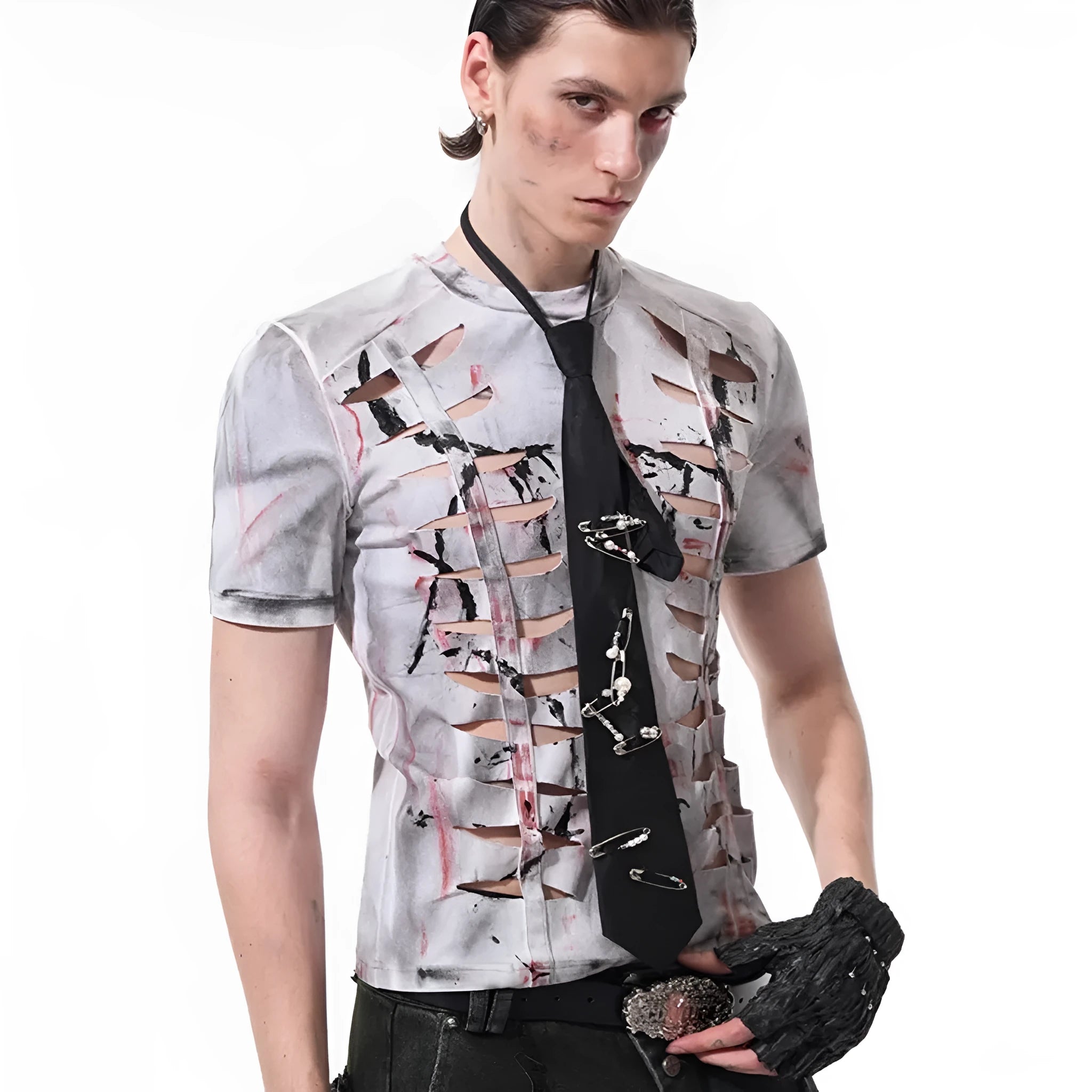 White men's cotton t-shirt with hollow-out cut detailing and short sleeves