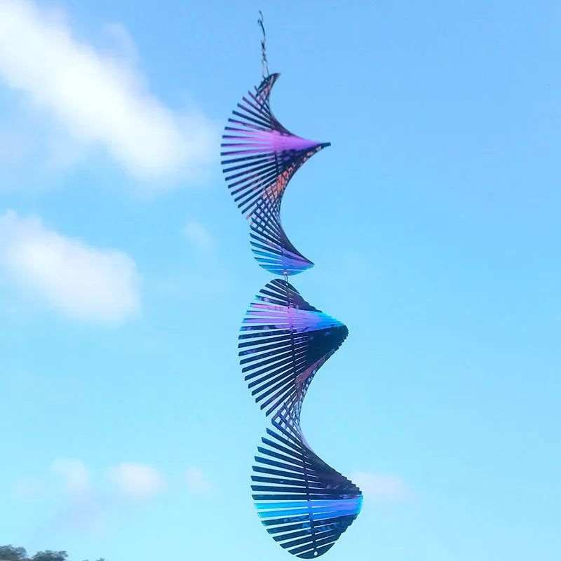 Rotating metal wind runner garden pendant in spiral shape, silver and colourful options