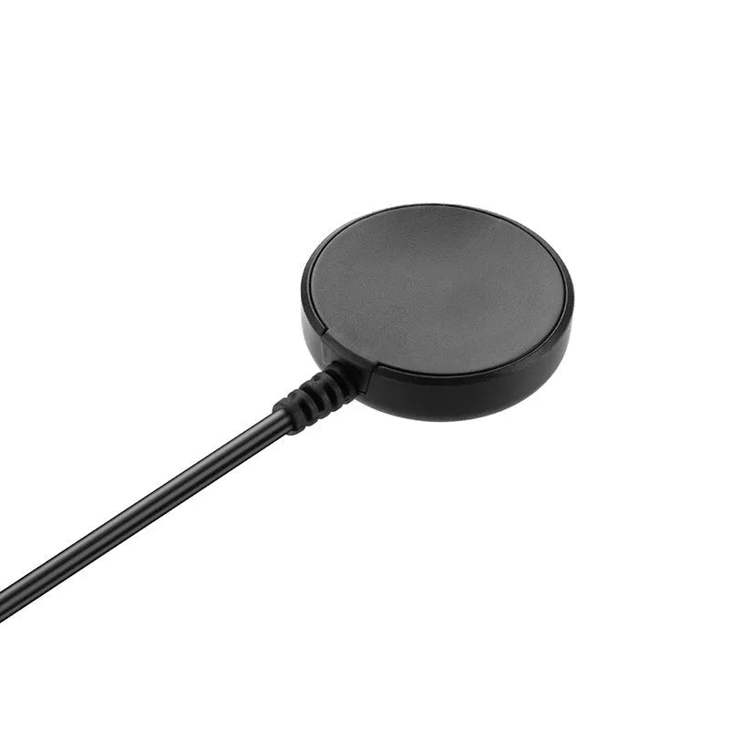 Black plastic USB watch charger measuring 34mm wide with wireless charging surface
