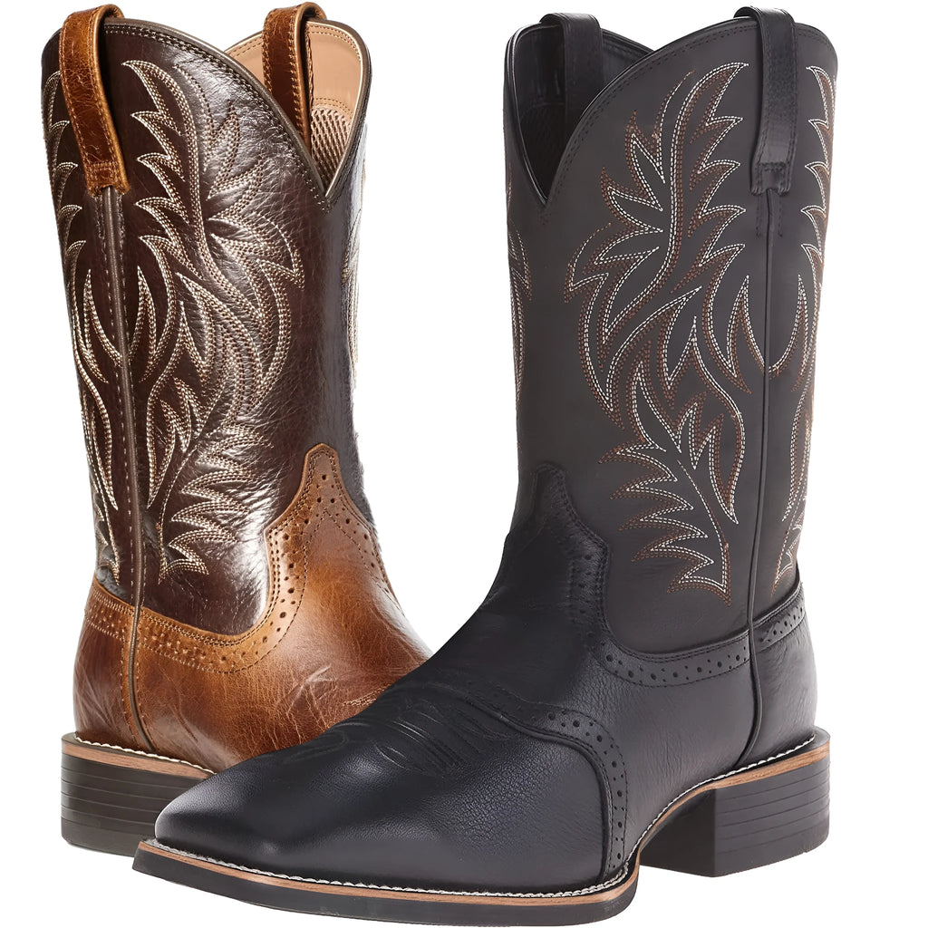 Men's black Western cowboy boots with detailed embroidery stitching on the shaft, square toe, and low heel.
