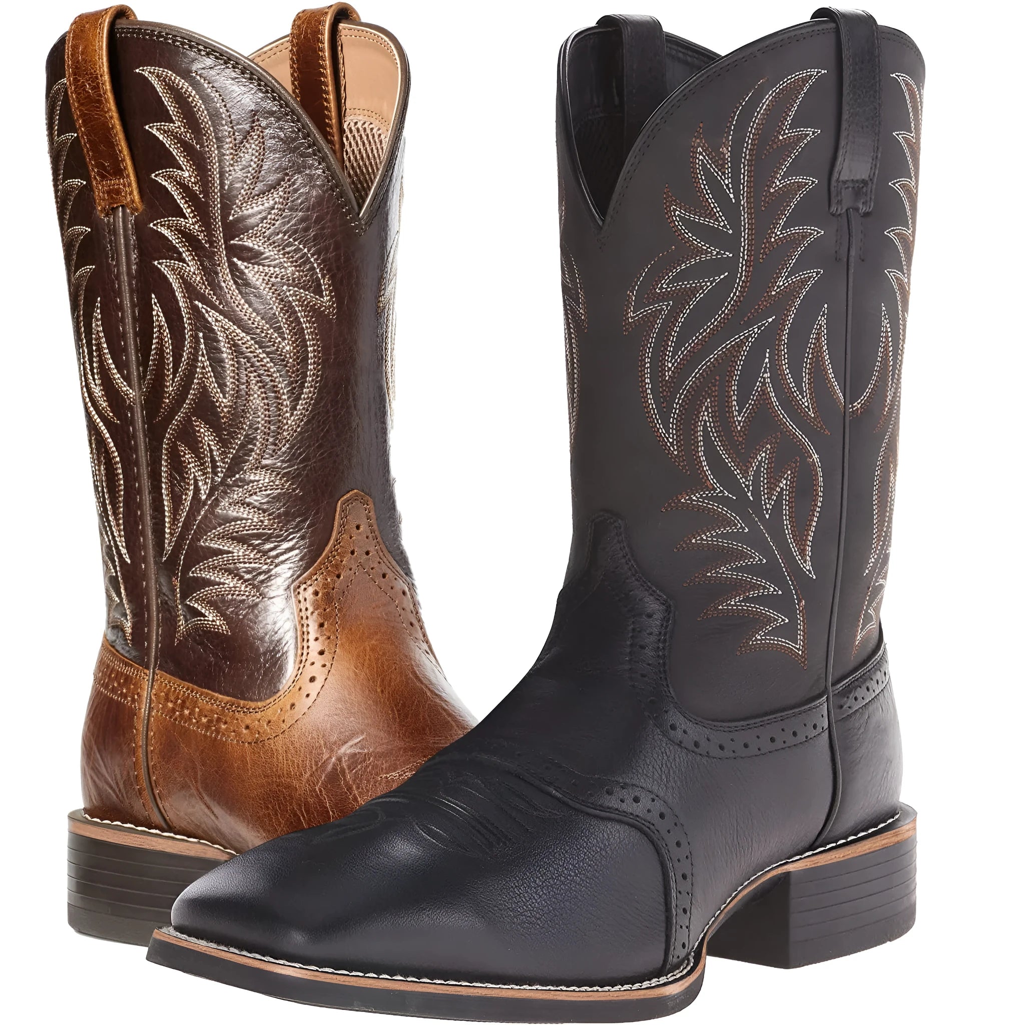 Men's black Western cowboy boots with detailed embroidery stitching on the shaft, square toe, and low heel.