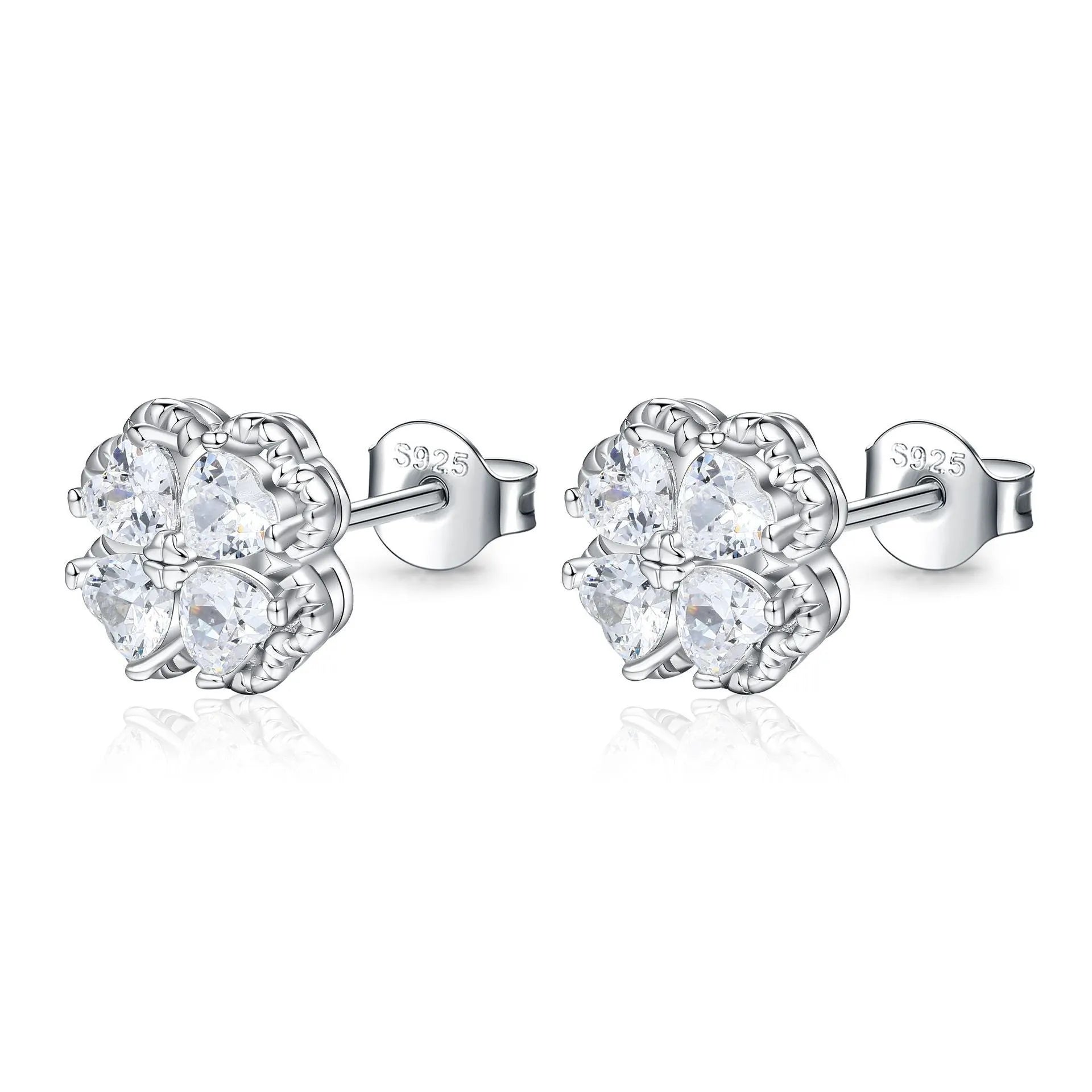 925 silver heart-shaped earrings with white gold colour finish and zircon stone inlay featuring four-leaf clover design