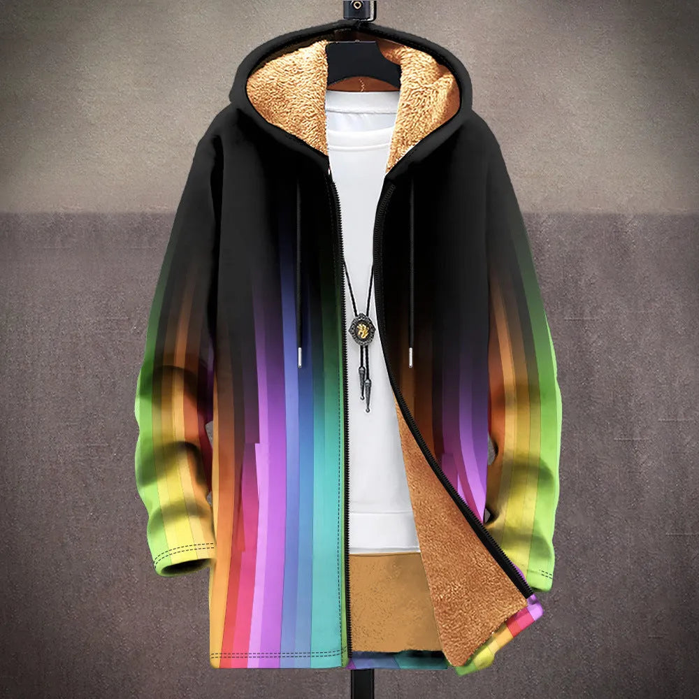 Men's multicolour patterned hooded cardigan with front zipper in loose fit design