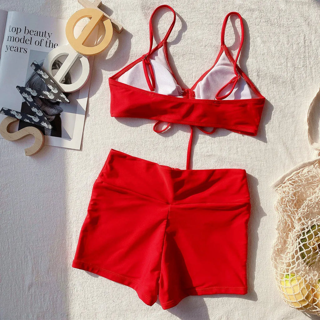 Women's split swimsuit high waist bikini in 80% nylon, two-piece set with top and shorts, red and blue options, sleeveless