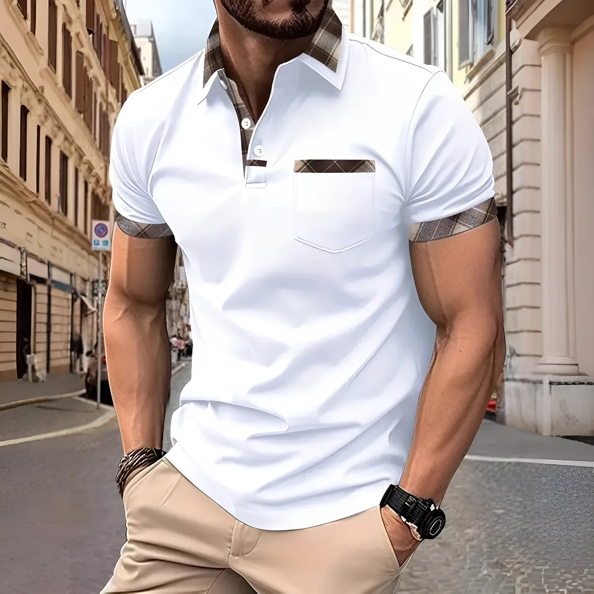 Men's loose fit plaid t-shirt with colourblock design and zipper decoration details