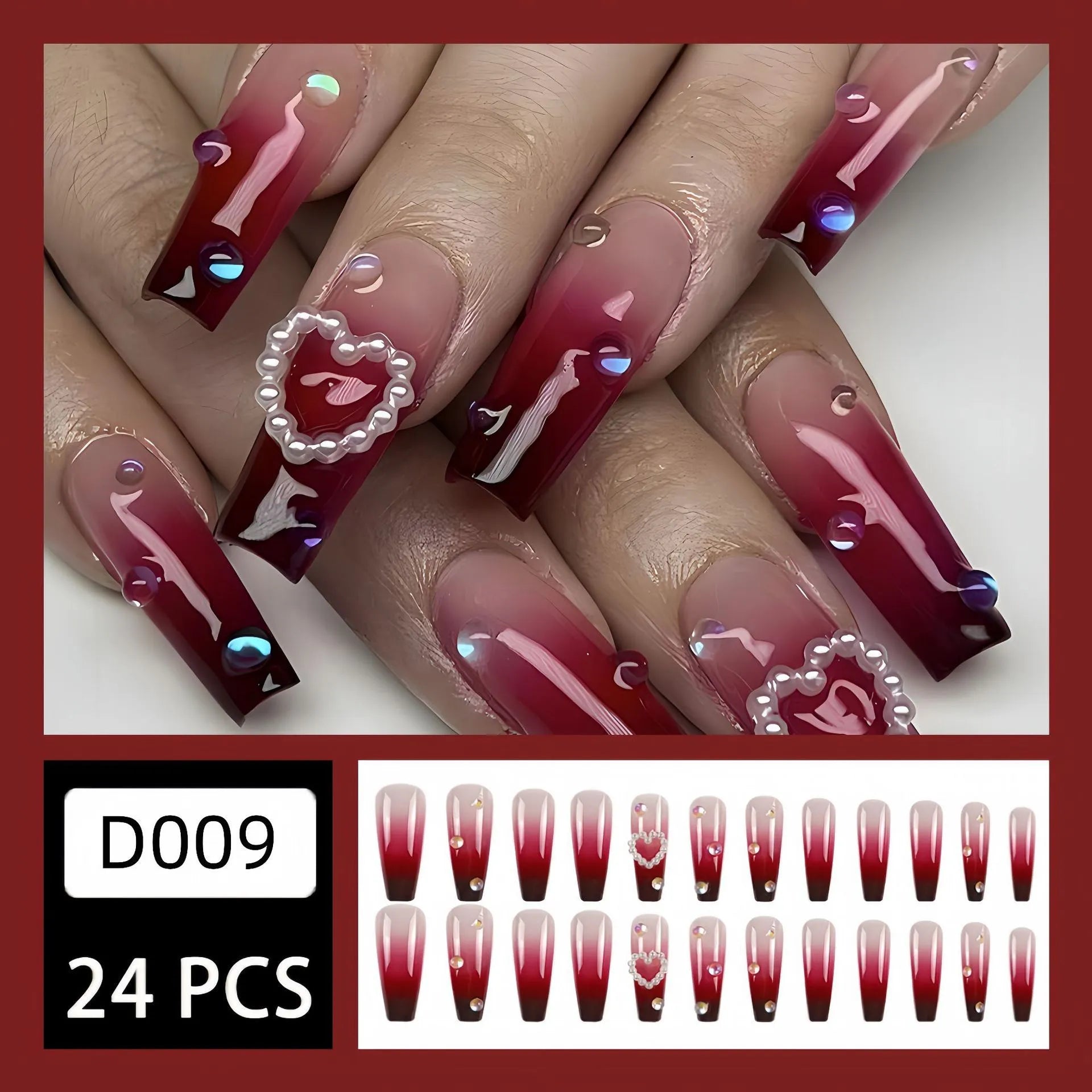 Wine red gradient fake nail tips with pearl heart design and plaid pattern in long ballet style