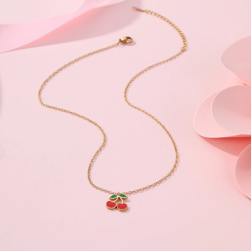 Cherry-themed jewellery set with necklace, bracelet, earrings and ring in stainless steel