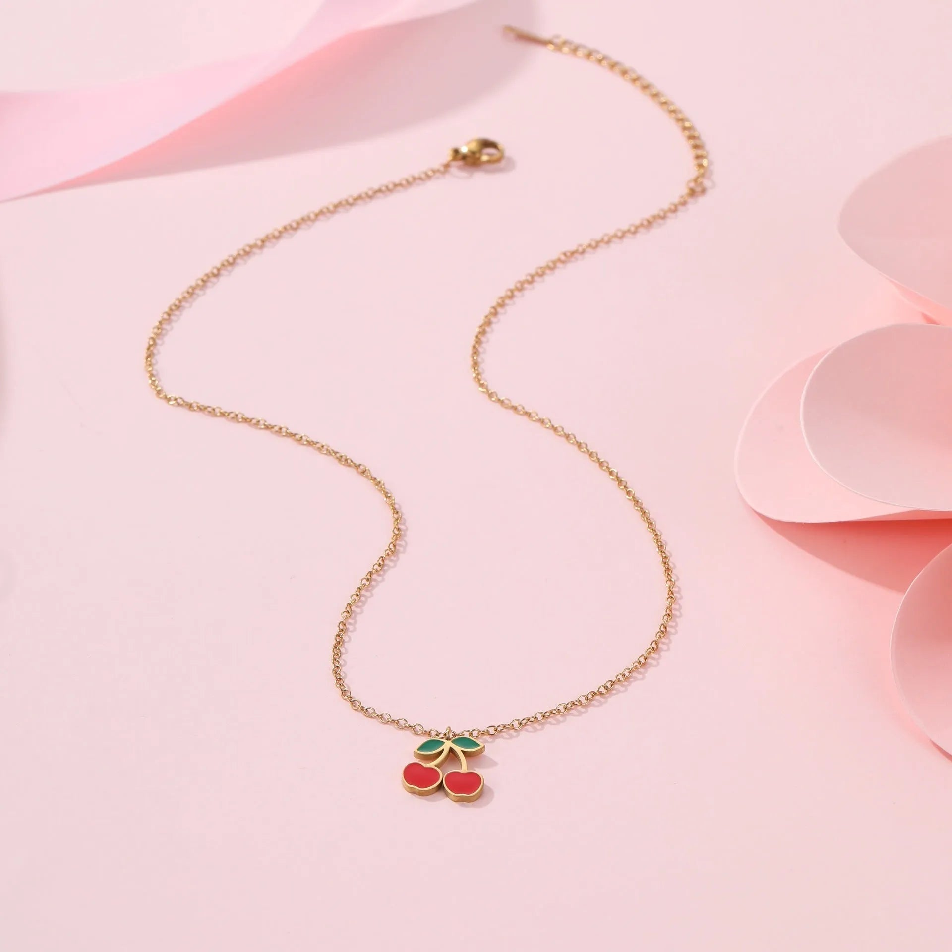 Cherry-themed jewellery set with necklace, bracelet, earrings and ring in stainless steel