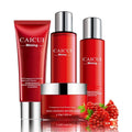Pomegranate skincare set with four products: face wash, toner, lotion and facial cream in red packaging